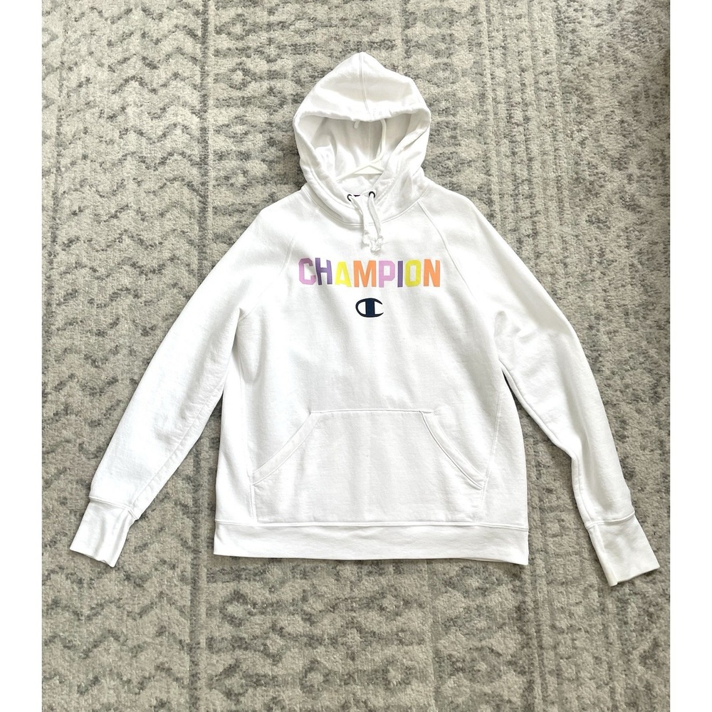 Champion Women Powerblend Hoodie L White Pastel Rainbow Spell Out Graphic GF934